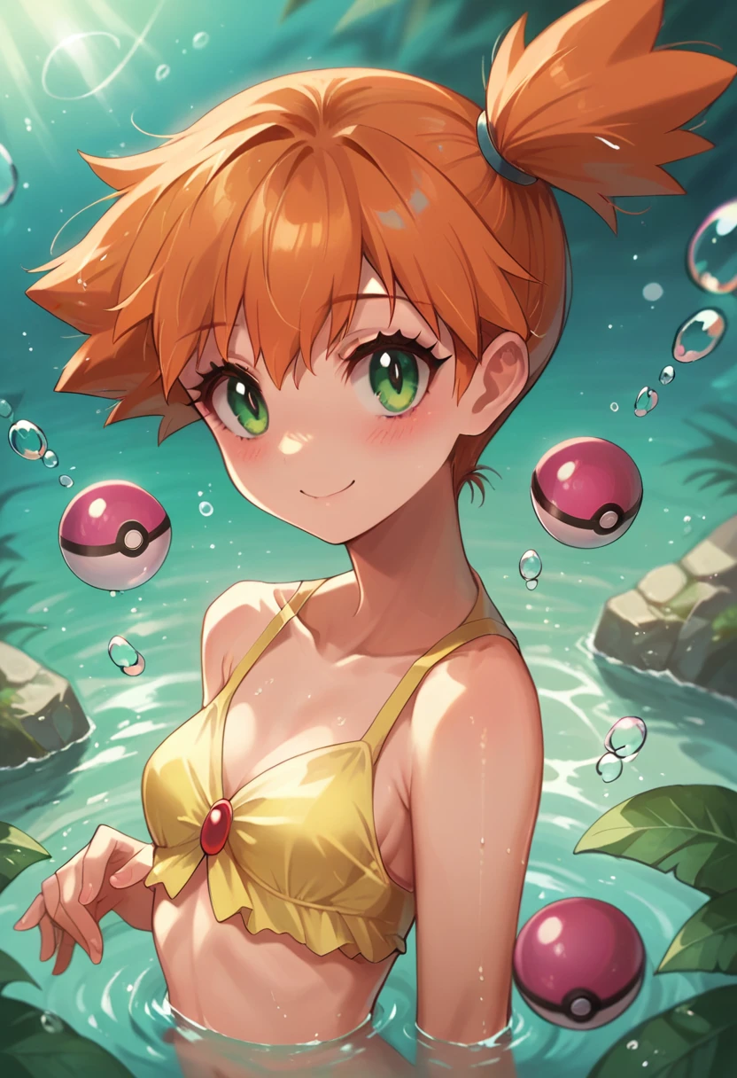 Misty_pokemon , Berry Short,Orange Hair ,Big green eyes,Small breasts,Skinny . Princess of the ocean ,water effect , swimming, Siren, bubble  , cute, coquet , beautiful woman, blush , sweet smile, blue PokeBall 