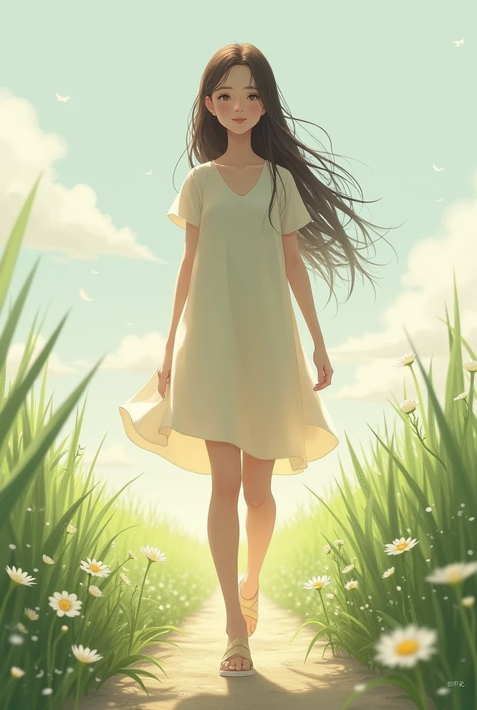 
a woman in a yellow dress, long black hair walking in a green meadow looking at the blue sky. manga style,