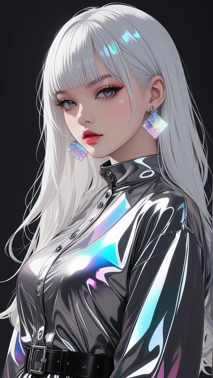 Highest quality　masterpiece　High resolution　masterpiece　white hair, Grey Eyes　hime cut , transparent color vinyl clothing, prismatic, holographic, chromati caberration, harajuku fashion, posing,  flat color, dark theme,sinozick style