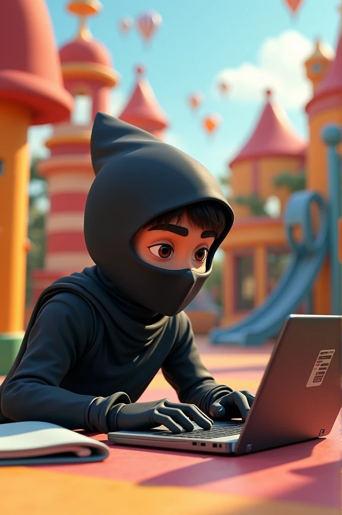 child with Mortal Kombat Sub-zero costume using computer