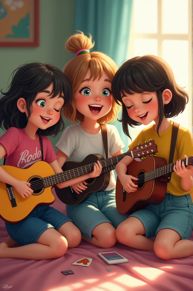 UHD, (HD resolution: 1.2), skin radiance, (best quality: 1.1), (masterpiece), (best quality), smile, (beautiful detailed face), (beautiful detail eyes), 8K, colorful balloons flying around, ((6 girls playing, listening to music, singing)) cute, chibi, background is summer park