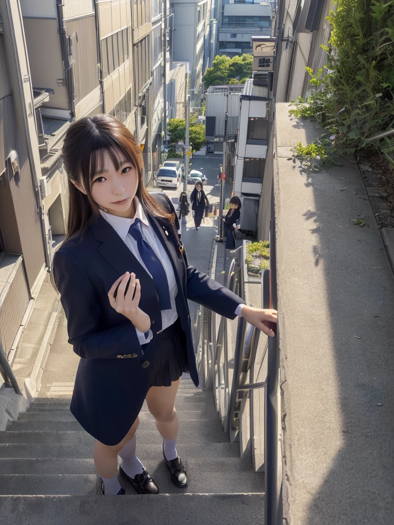 ((highest quality)), ((masterpiece)), (Familiar),  A high school girl riding an escalator on her way to school、Glare、Navy Blazer、mini skirt、Navy blue socks、Back view、Photo secrets、(真From belowの眺め)、Navy blue socksのクローズアップ、mangaコマ割り、mangaスタイル、manga、Station Escalator、Everybody line up on the left、顔のみのコマとBack viewのコマ,(From below:0.1),(I can see the pussy line:1.3)