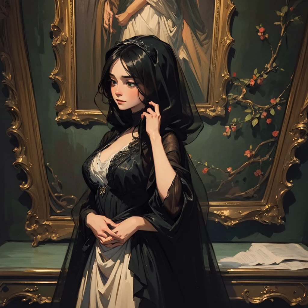 ((Best Quality, 8K, Masterpiece: 1.3)), oil painting still life, illustration of a black silhouette of a veiled woman standing with her hands clasped in front of her, the veil flowing down her back.