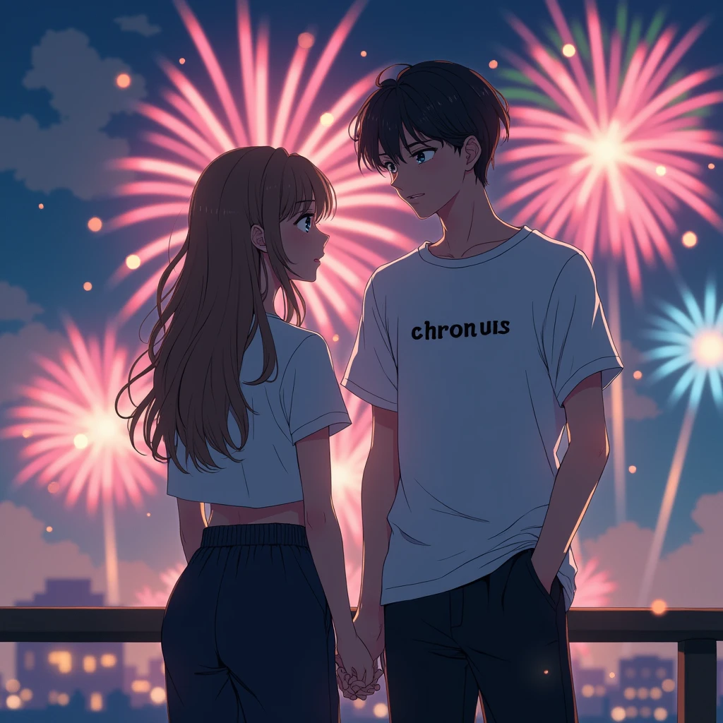 Handsome anime boy wearing oversized
white T-shirt and black loose jogging pants
with a text "Chronus"(sans font) on his shirt,
watching fireworks, looking at his girl (left side) (the character is in the center)
