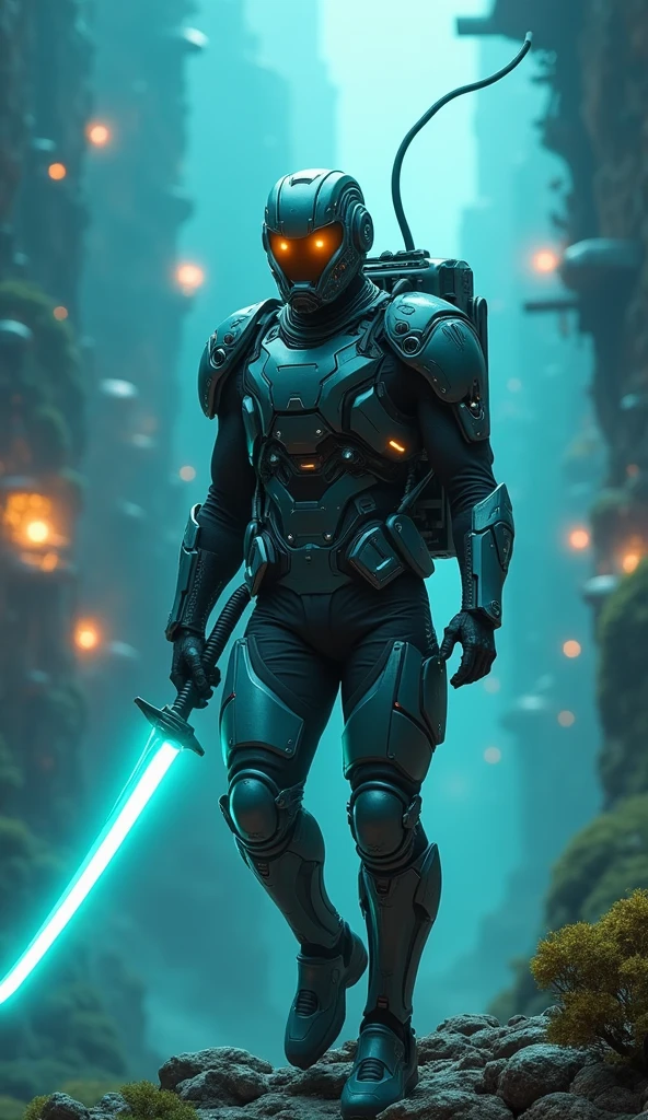 A futuristic warrior in an advanced diving suit, wielding a glowing aqua katana, with a robotic mask and shoulder-mounted guns, exploring the depths of a futuristic underwater city.