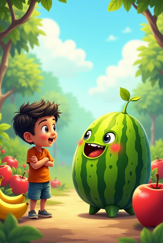 Create a small person made of watermelon running from a person who wants to eat it, with the non ROBLOX behind