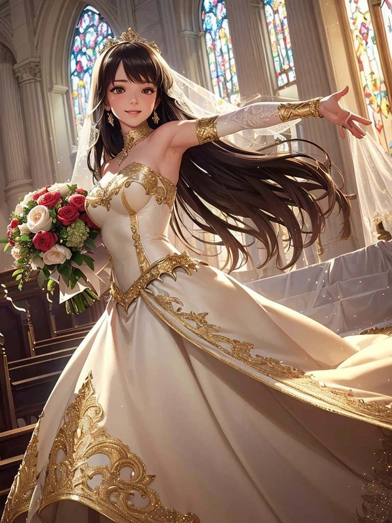 (best quality, masterpiece:1.2), (realistic:1.3),
(ultra-detailed background, detailed background), bokeh,

gorgeous prom dresses, luxury prom dresses, wedding dress, bridal veil, bridal gauntlets, bridal cascading bouquet,
upper body,
wedding at church,

1girl, cute, age, posing, smiling,
dynamic angle, dynamic pose,

very long hair