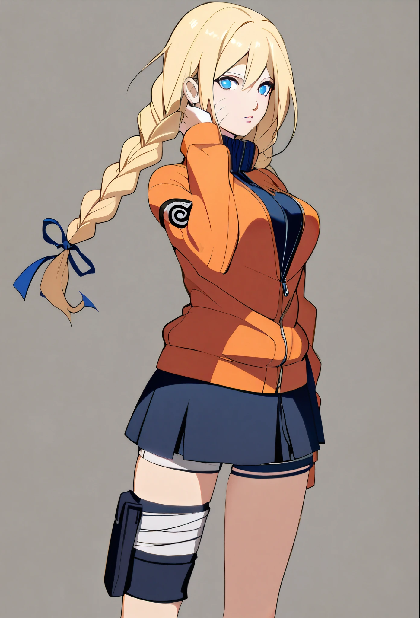 1girl, Alone, blonde hair, Long hair, Breasts, Blue eyes, double braids, Naruto, skirt, short shorts, orange jacket, 