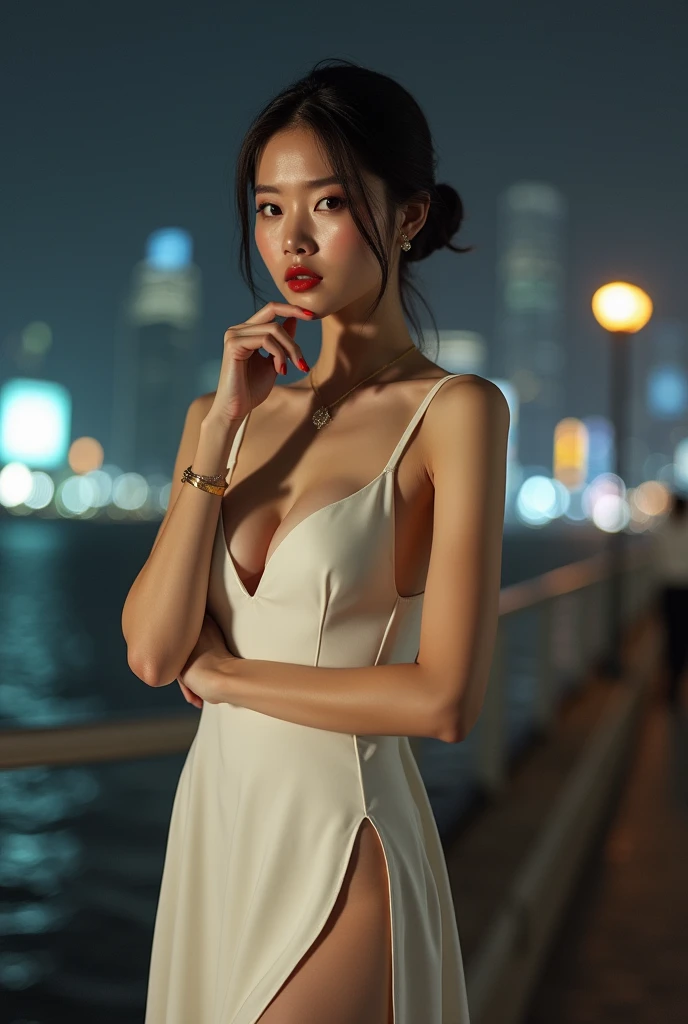 one girl,Beutiful women, In the neon city,At night,Wearing a white swimsuit,long hair, wear a golden necklace,Wear silver earrings