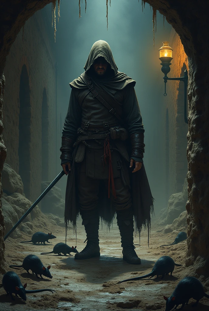 Medieval rogue trapped in a dirty dungeon with dirty rats around ...