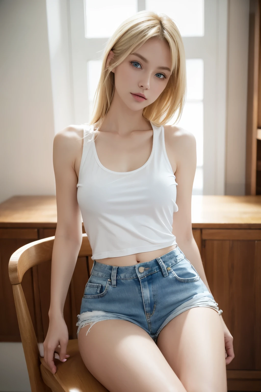 ((((Whole body 1.4)))),((Very small breasts)),18 year old beautiful girl、True Photo Quality、Extraordinary cute beauty、Shiny, smooth, white skin、Beautiful Bangs、Smooth, shiny, super long, natural blonde straight silky hair、A perfect, sweet, beautiful and young little woman、Such a perfect, beautiful and cute face、Beautiful, clear, large, pale light blue eyes、、Tank top,Ultra Mini Skirt、Pink sneakers、Small Face Beauty