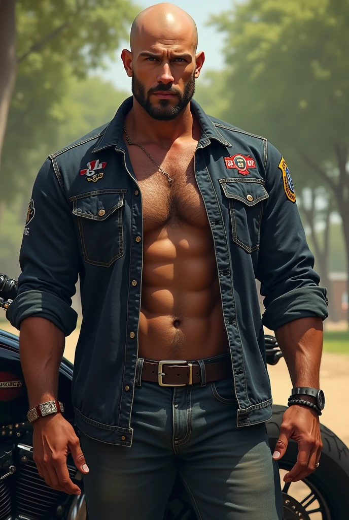 Mexican man wearing open baseball jersey safety goggles and denim short shorts