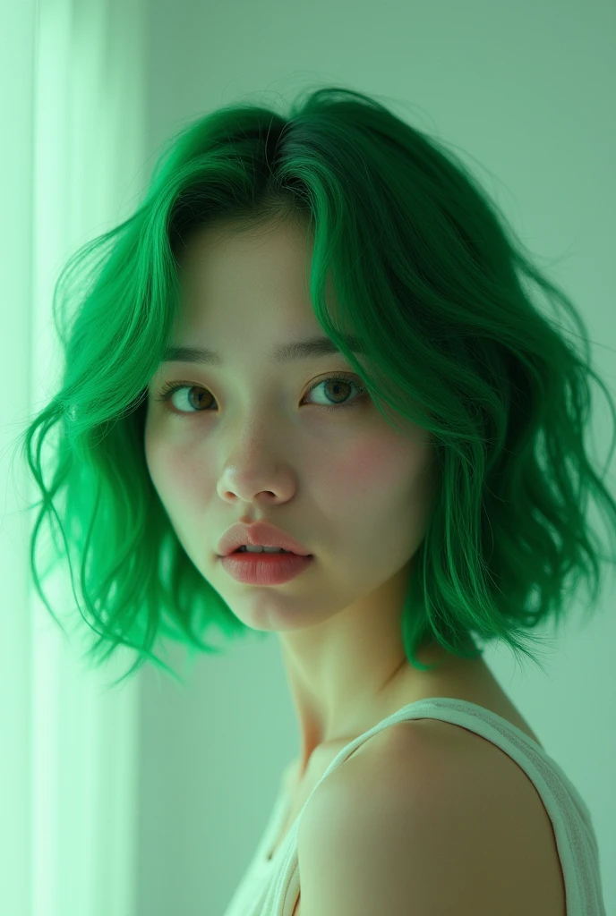 ((Best Quality)), ((Masterpiece)), (detailed), 1 girl, Tatsumaki, green hair color, looking at the viewer, sad face , Open mouth