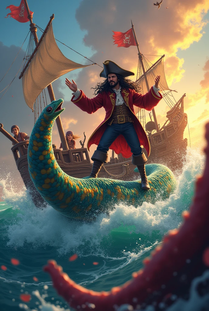 Francis Drake、He is on an adventure with his friends on a pirate ship accompanied by a red dragon.