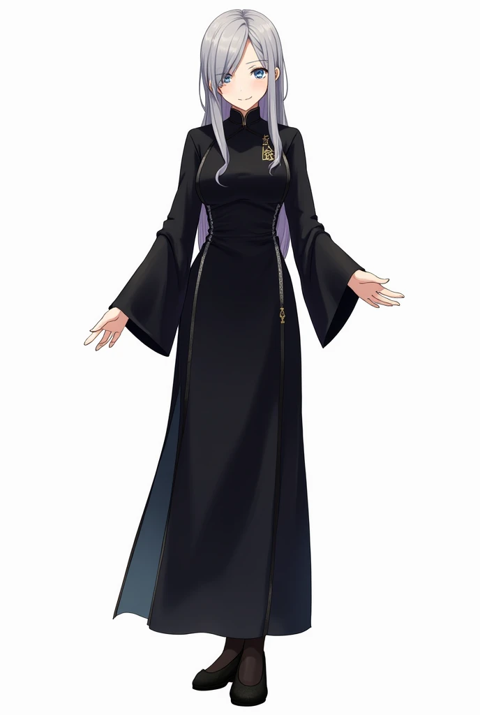 Peeing self, Have to pee, Anime, looking at camera, embarrassed, blush, pee stain, pee stain on skirt, peeing, yellow pee, tears, crying, out of breath, sweating, heterochromia,1 green eye, 1 grey eye, silver hair, one girl, alfia, long hair, long dress, gothic dress