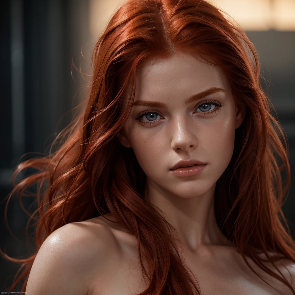 a beautiful redhead girl, detailed face, detailed eyes, detailed lips, long eyelashes, messy red hair, athletic body, muscular, pubic hair visible, sensual pose, dramatic lighting, cinematic, hyper-realistic, 8k, high quality, photorealistic, detailed skin texture, vivid colors, dramatic colors, moody atmosphere