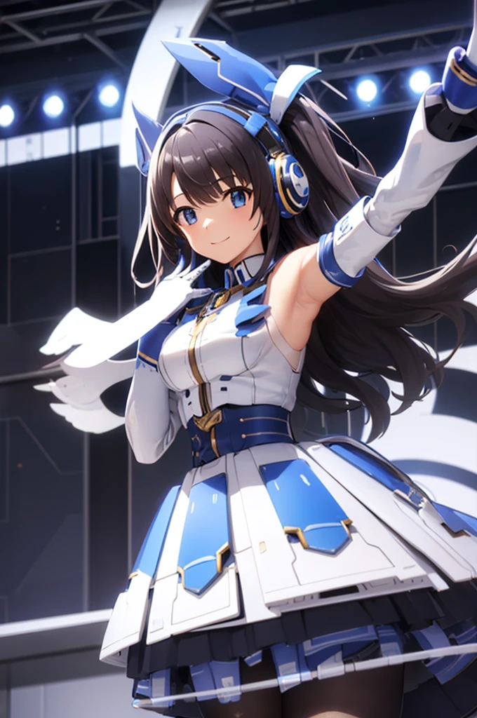 Mecha Wings、White and blue skirt、Thighs、tights、chest、Black Hair、1 girl、Solo Girl、is、Frame Arms Girl、Alice Gear Aegis、income、headphone、smile、idol woman、idol dress