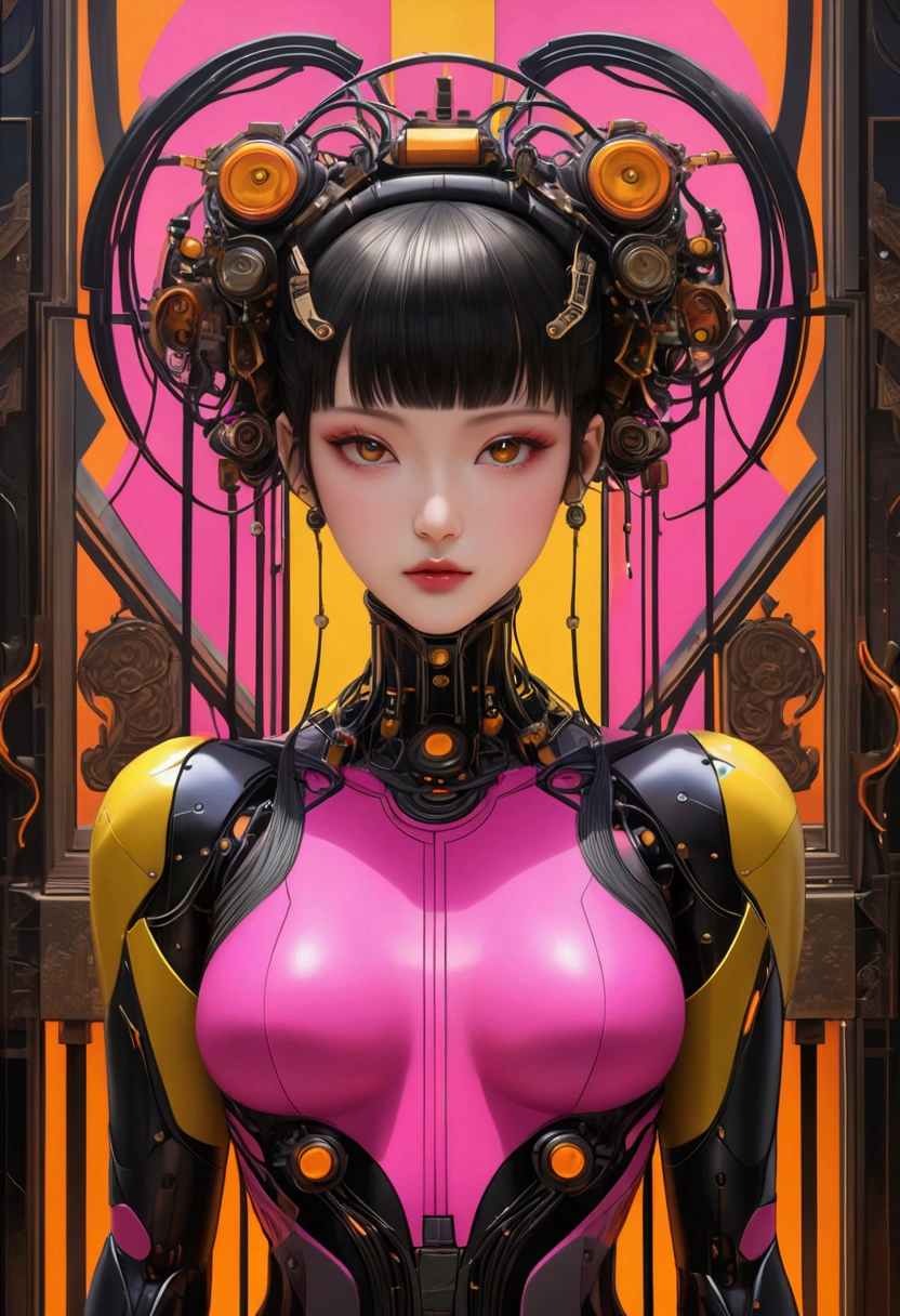 Girl in black and yellow techwear, Circular neon background,whole body, (masterpiece), (High resolution), (Very delicate), scribble, nightmare, Doll-like face, Manga style, rough sketch, Horror elements, Comic style illustration, Japanese painting, (Spooky), Japan sculpture, crazy illustration, antique, Dark atmosphere, Flat Illustration,Spookyな外観, Distinctive messy hairstyle, creative accessories, Unique atmosphere