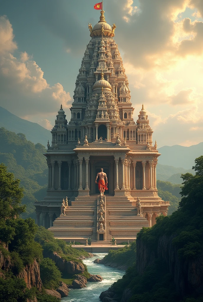 Lord Krishna watching the city from mountain,Ancient Indian Golden City Civilization with Grid system, Indian Style Temple n Dozens Majestic Houses made of gold metals and shiny diamonds across the area,Unreal engine 5,by the sea shore, Cinematic,8k,Gold metal city, Magical, Mysterious,Hindu mythology city,Dwarka.