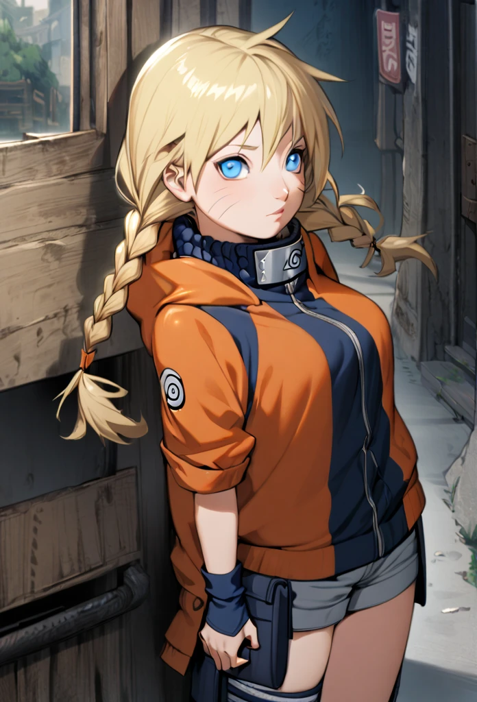 1girl, Alone, blonde hair, Long hair, Breasts, Blue eyes, double braids, Naruto, skirt, short shorts, orange jacket,  kid, genin 