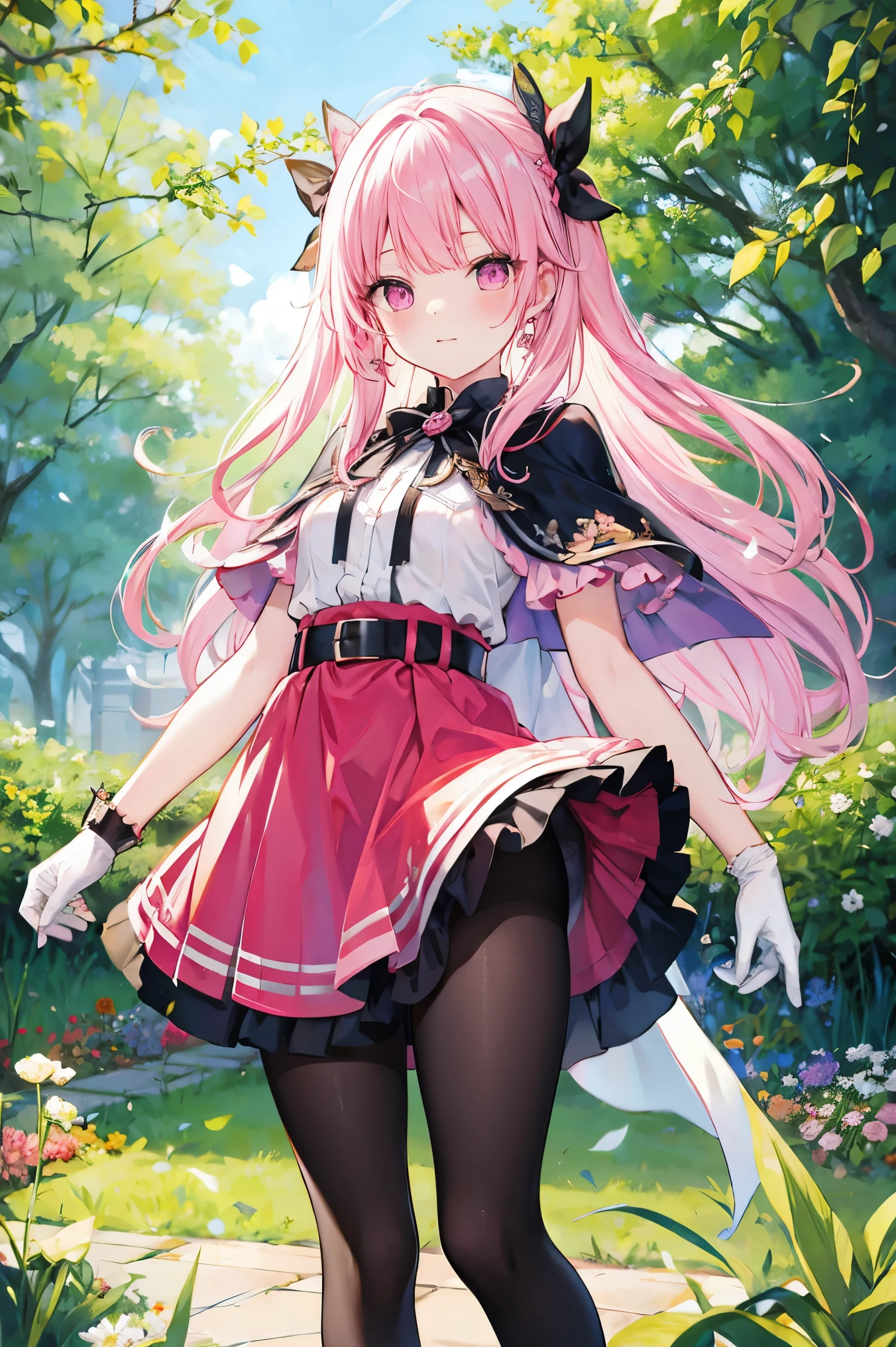 water，wet，masterpiece,best quality,high resolution,Extremely detailed,Elena,have,Long hair,curls,Pink Eyes,earrings,cape,dress,Short sleeve,Gloves,belt,skirt,Black pantyhose,boots,Wind lift,blush,(Make it embarrassing:1.2),outdoor,garden,