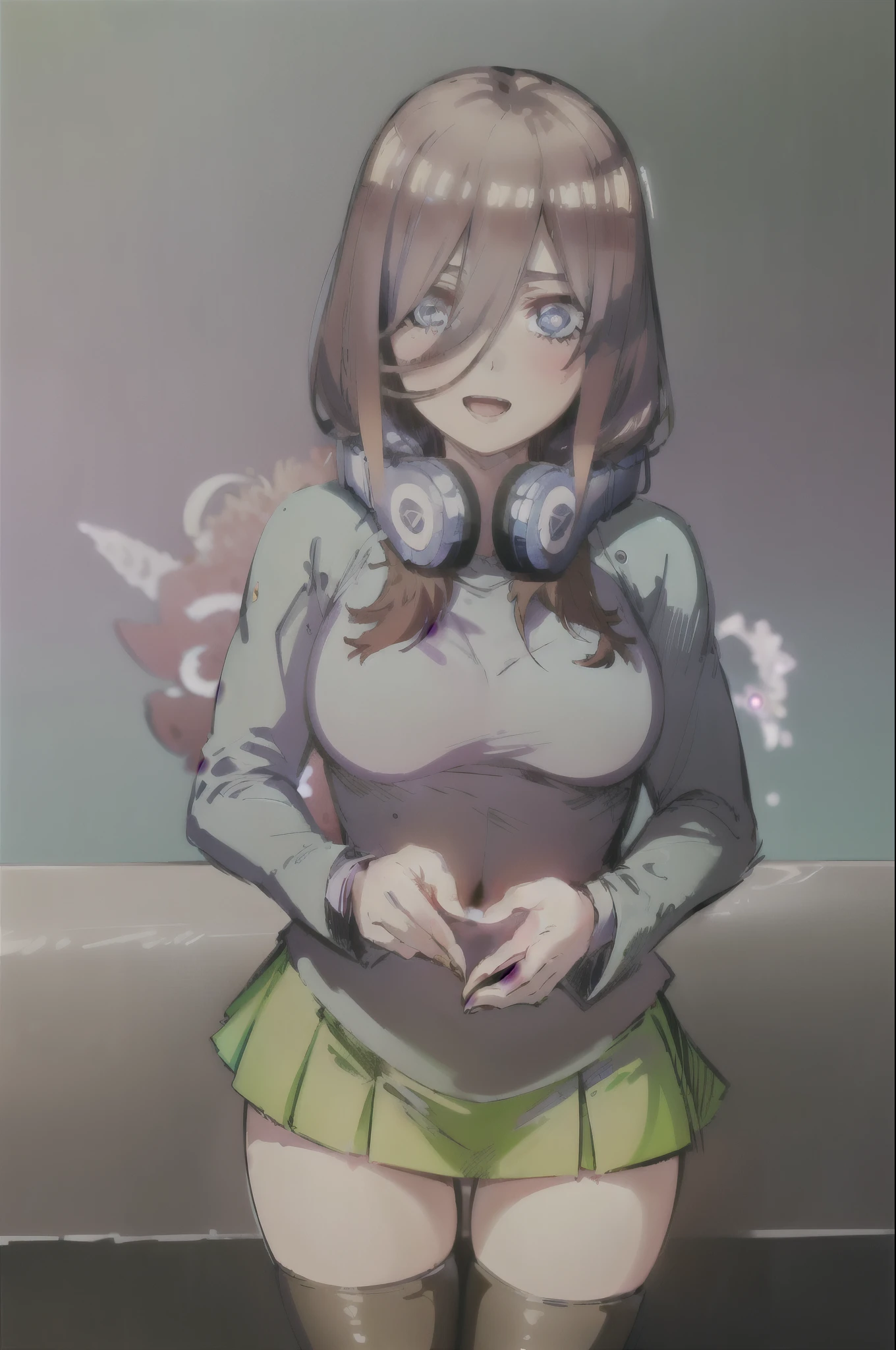 masterpiece, best quality, ultra-detailed, glistening shiny, glowing light, ray tracing, HDR, deph of field, (perfect face, detailed face, detailed eyes,perfect hands),(medium boobs:1.2),8k,HD,ultra realistic face,ray tracing,perfect lighting,best quality, ultra-detailed, shiny eyes, (looking at viewer,open mouth smile:1.1), ((1girl)), (mature female:1.4),cowboy shot,thighs,
miku,long hair,((gradient hair)),multicolored eyes, gradient eyes, (glowing eyes:1.5), mascara, (fashion make up), parted lips,blush,skirt,shirt,long sleeves,white shirt, pantyhose,pleated skirt, collared shirt, black pantyhose, petals, headphones, cardigan, green skirt, between legs, hand between legs, headphones around neck, blue cardigan, hand on headphones,
(( futuristic city , buildings, Japanese graffiti walls:1.1, neons, night,cherry trees, flying cherry blossom petals,moon,japanese architecture, japanese lamps)),(complex background, many elements in the background:1.2),((super detailed background)), mistress poses, ((8k wallpaper)), microphone in hands, Singing, Tour, festival with 1 boy with Red hoodie and Blue pants, 2 person.