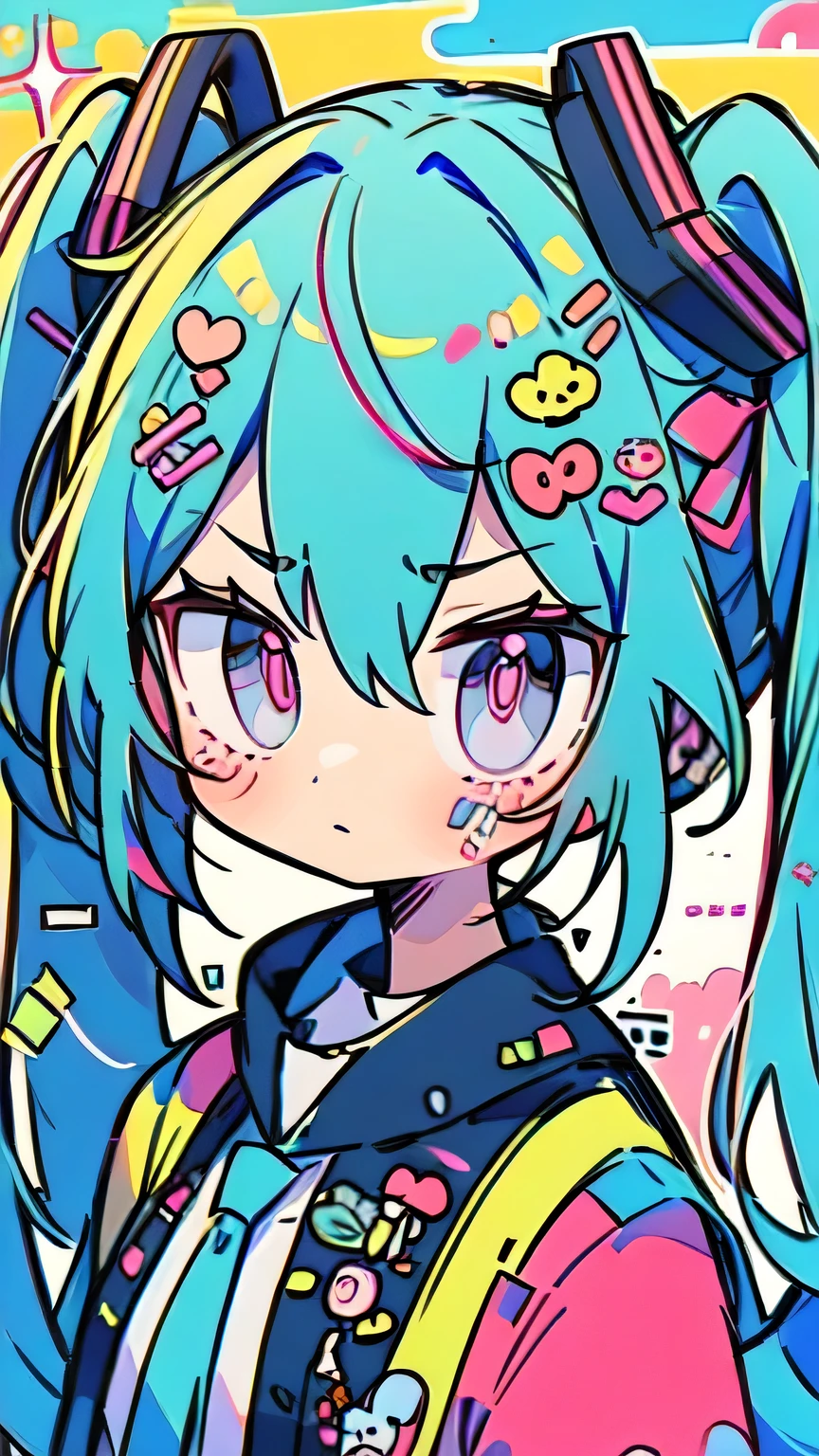 (Best Quality,4K,8k,High resolution,masterpiece:1.2),Very detailed,Vibrant colors,Beautiful details,Twin tails、hairpin、Portrait、Tsundere、pretty girl、Grumpy、Pink Eyes、Sleeveless shirt、Small breasts、cardigan、Hatsune Miku、Hair color is blue