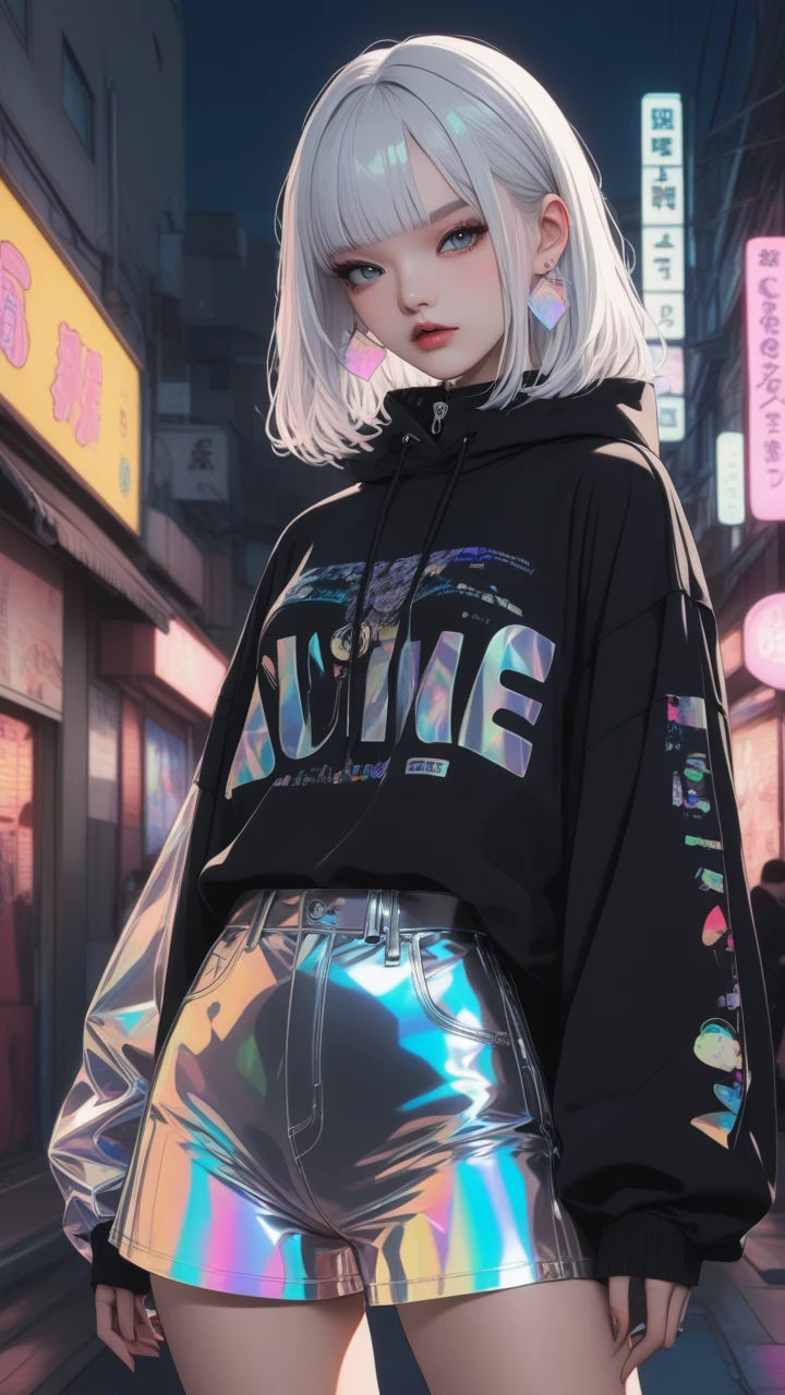 Highest quality　masterpiece　High resolution　masterpiece　white hair, Grey Eyes　hime cut , transparent color vinyl clothing, prismatic, holographic, chromati caberration, harajuku fashion, posing,  flat color, dark theme,sinozick style, neon lights 