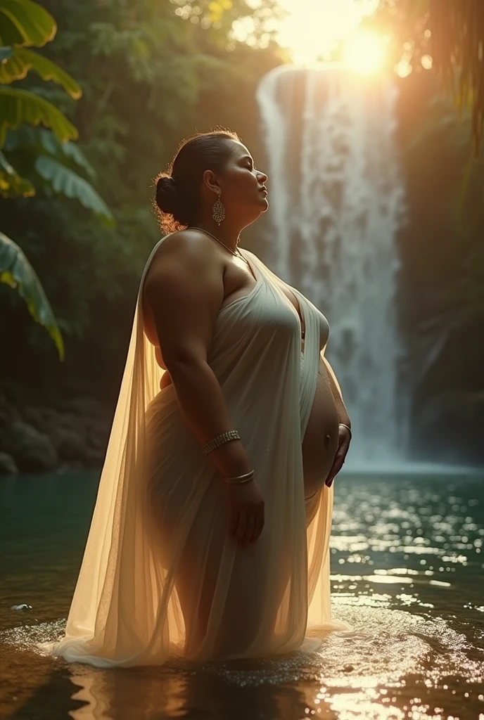 Indian Chubby women in night suite in the  Waterfall with a back profile real image 