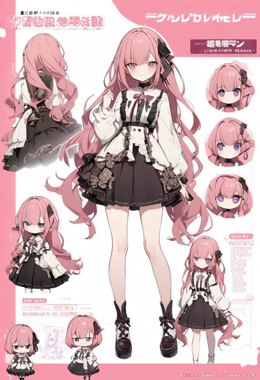 A character model sheet depicting the same girl doll from three different angles、Bisque doll