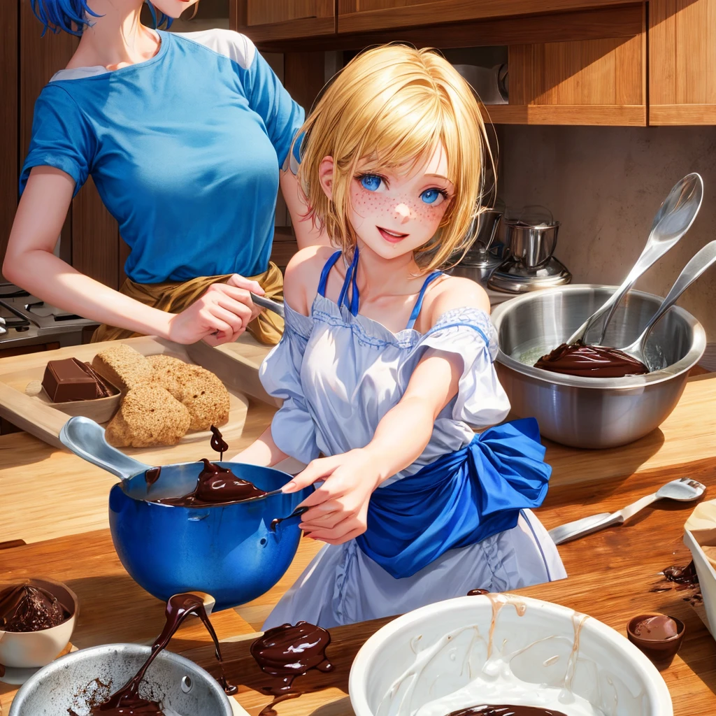 realistic girl in a kitchen, sexy 1 tomboy with fair skin, blue eyes, cute face, freckles, short blonde and two-tone hair, small breasts, flat chest, tiny tits, perfect body, looking at viewer, smiling, holding a mixing bowl and wooden spoon, licking chocolate from the spoon, eating, realistic lighting, masterpiece, high quality, 8k, photo-realistic, vivid colors, physically-based rendering