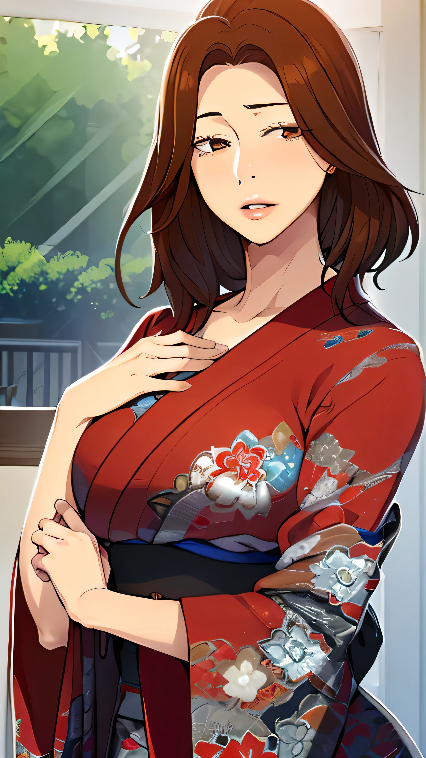 portrait, realistic, elegant mature woman, brown eyes, dark brown hair, kimono, 4k resolution, high quality cg, beautiful cg, soft light, looking at viewer, hands up