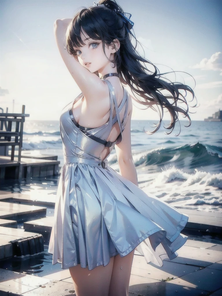 (masterpiece, best quality:1.2), illustration, anime, (wide shot), model shoot, 1girl, (armpits), long dark hair, blue ocean eyes, pretty lips, beautiful faces, beautiful eyes, white sundress, back lighting, standing on pier, (ocean, glittering water surface), waves, scenery summer pier background, vibrant color, bright sunlight, 8K, ultra HD