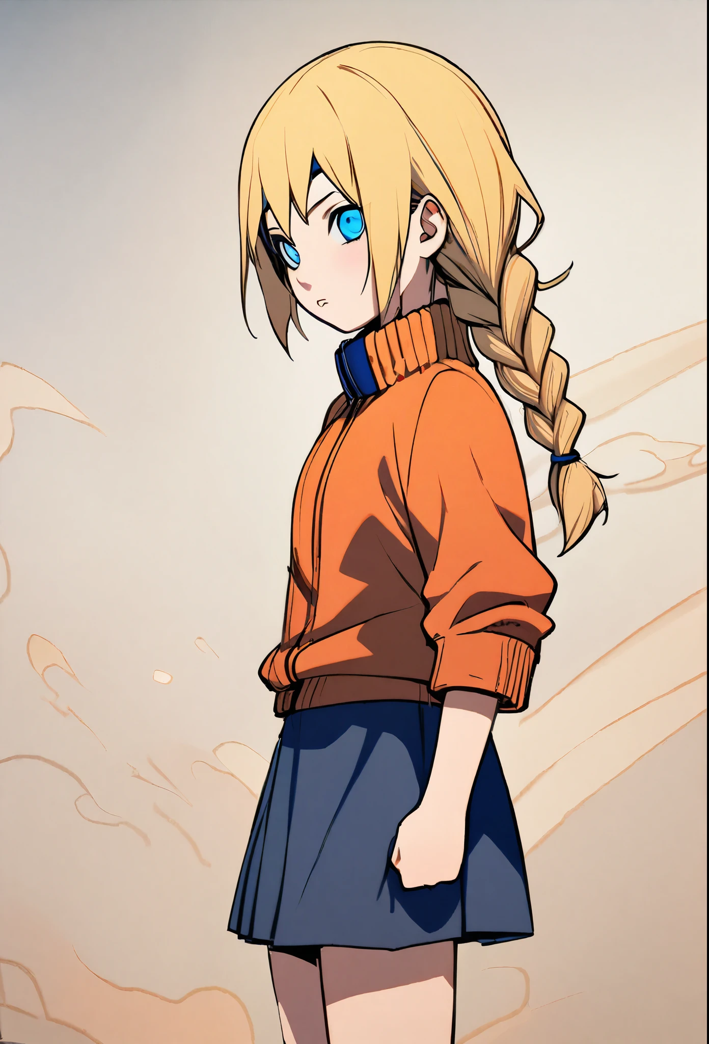 1girl, Alone, blonde hair, Long hair, Breasts, Blue eyes, double braids, Naruto, skirt, short shorts, orange jacket,  kid, genin 