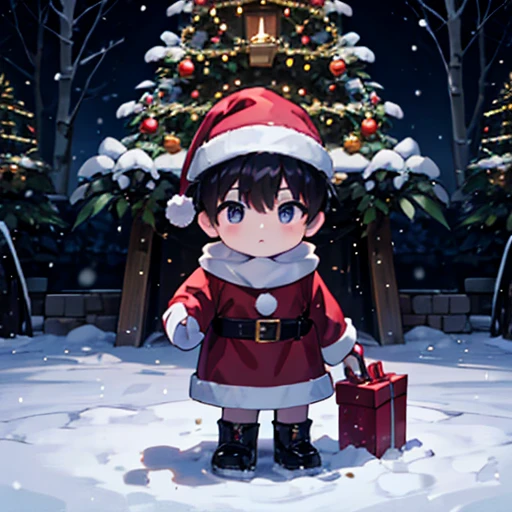 1 boy, Night view, black short hair, he is santa claus, Xmas tree, He looks long face, Snow Scene