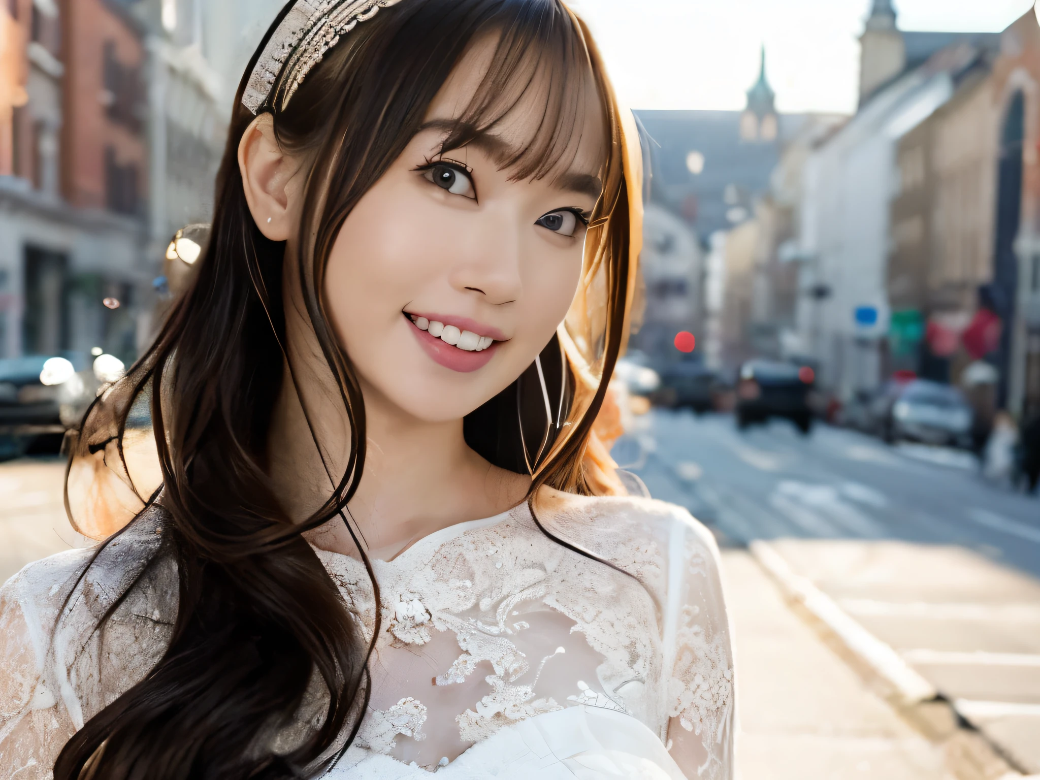 ultra HD, masterpiece, Highest quality, Just One Girl, very pretty,Nice face, Detailed eyes, Lol, Glossy Lips, Detailed eyes, beautiful, sweet, sun glare,red color wedding dress, Depth of written boundary, Blurred Background, with a cathedral background, Particles of light, very Long Hair、bangs,At church,tears,crying