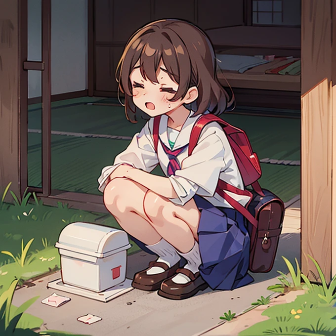 Masterpiece, hd, anime girl in pinafore dress and headcap with backpack, bowtie, brown hair, cute headcap, blush, embarassed, shy, wearing red backpack, school backpack, in dress, cute anime waifu in a nice dress, anime visual of a cute girl, young anime girl, beautiful anime school girl, a school girl , anime full body illustration, an anime girl, wearing sandals, cute girl, 10 y o, squatting, Walls, defecate, defecating, poop, feces, feces under feet, feces stream, dark feces