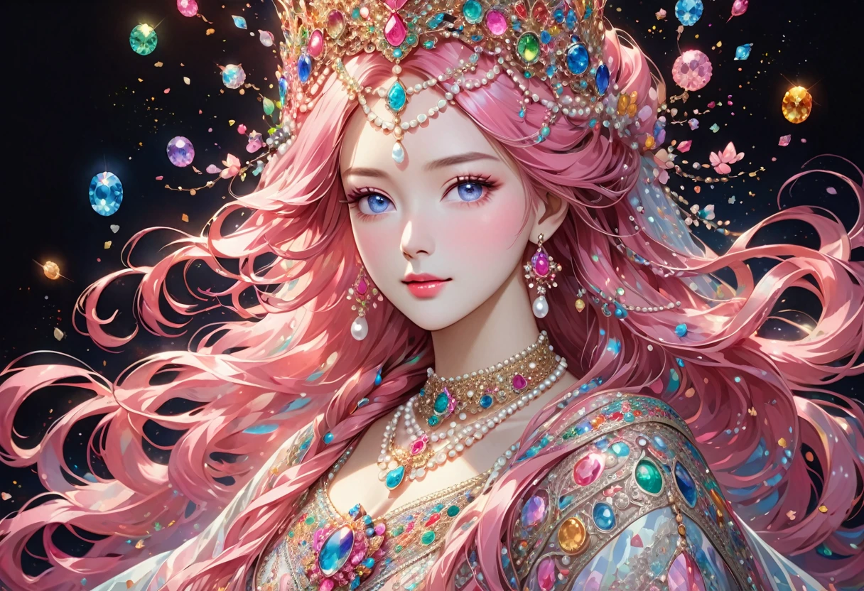 ( Absurdo , alta qualidade , ultra detalhado, Hand care )Zodiac - Goddess of cancer , similar to Latin goodness , inteligente, astuto, racional, cara forte , maduro , Tenaz, Moody, irritable, estilo opressor , Olhos azuis do oceano(Detalhe dos olhos), cabelos longos , cabelo rosa escuro , vestido transparente , lingerie de renda, no oceano com flores , corpo inteiro , olhar de maquiagem inocente ,