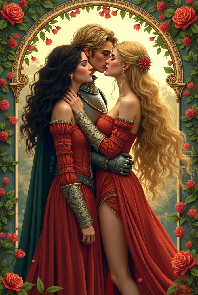 Couple kiss very affectionately, Neels Visser is a prince who has golden blond hair, wears a medieval military outfit and is in love with the commoner Lily Collins, who has curly brunette black hair and wears a red dress, illustration of a romance book cover with a detailed, smooth, bright background filled with flowers covered in ivy and red roses, ornate gown standing in a bed of roses, rim light, dynamic lighting, etherial lighting, ultra detail, concept art, elegant, surreal, art by Lisa Aisato, Greg Hildebrandt, Citemer Liu, Stjepan Sejic, Samyang, Aykut Aydogdu, Justin Gerard, Alphonse Mucha, Artgerm, WLOP, and Greg Rutkowski