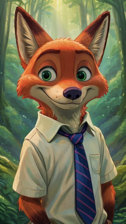 (male, solo, fox), highly insanely detailed, masterpiece, top quality, best quality, highres, 4k, 8k, RAW photo),((innocent look)),((ghibli style)),From the front, symmetrical composition,smile,cute,Innocent,Kind eyes,Flat chest,digital art Style, forest, (nick wilde),front view, Upper body, necktie, safe, clothed, green eyes,