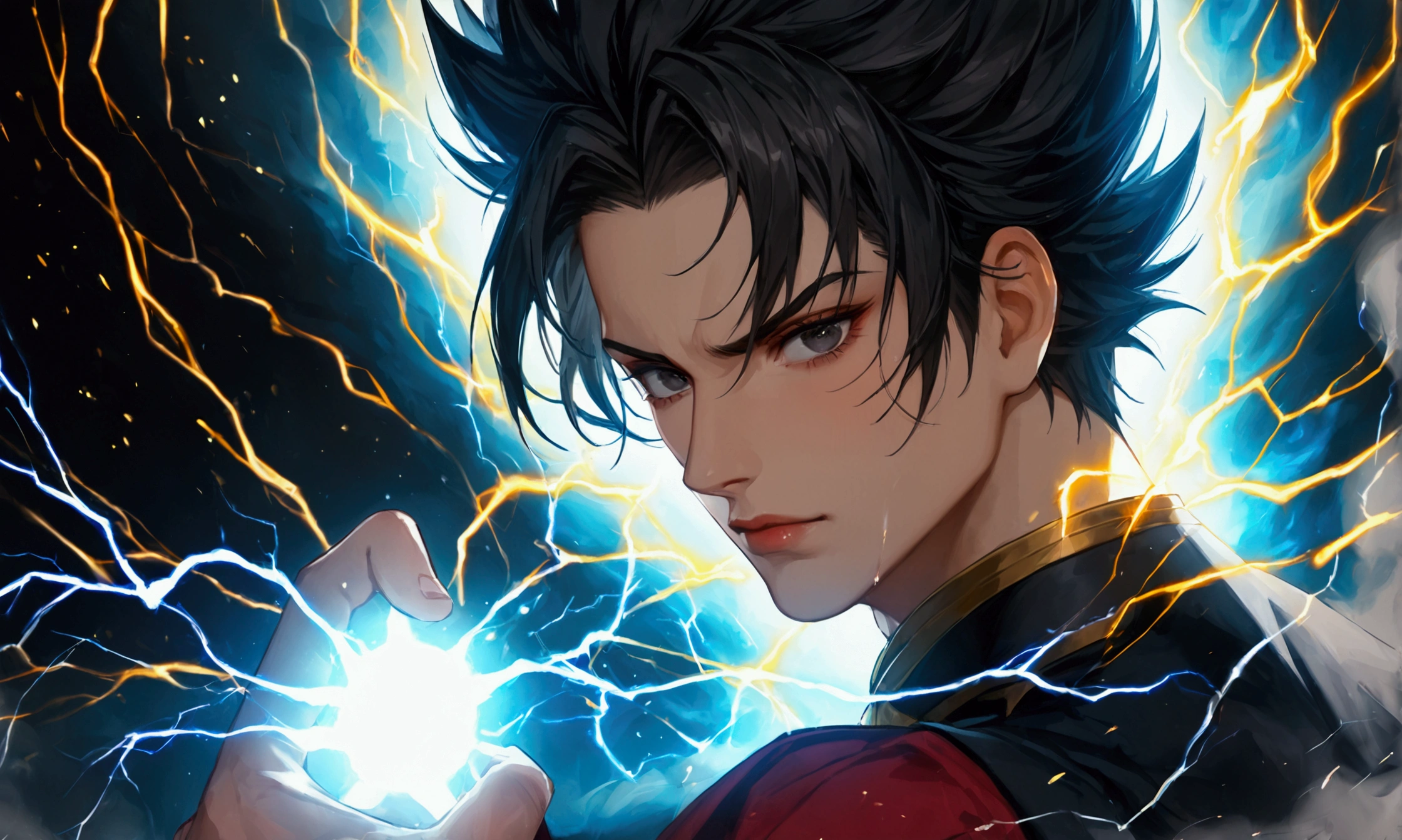 Seeing of the right, adult male, a character up to the waist, hair like Vegeta's with going up, spread upwards, sideways and downwards in the side and top, his hair is very high and voluminous on top and like Sasuke's with bangs falling from the top to the chin area, has very wide bangs down and on the sides, hair is very spike, black hair, stylish hair, detailed face, very detailed face, charismatic face, penetrating face, victorious face, ambishious face, imponent face, beauty face, intense face, black eyes, intense eyes, holding a black dark sphere of energy with white lightning parts like a lightning bolt illuminating around the sphere and in the middle of it, as if it were destroying the sphere and dodging, but it was just the aesthetics of power, white lightning after the character body, he holds it with his right hand and he was looking at it in admiration of his power, observating with superiority, observating with imponence, observating with fascination, observating with pride, observating your own power, black Demon Slayer uniforme being tight and closed in the beginning of the neck, very stylish, cool, going up to his wrists, black background scenario, edgy scenario, badass scenario, ultra professional anime art, cinematic lighting, god rays, drop shadow, ray tracing, glowing light, sparkle, anime, anime style, best quality, high quality, high details, super detail, textured skin, highres, 1080P, anatomically correct, accurate, masterpiece, UHD