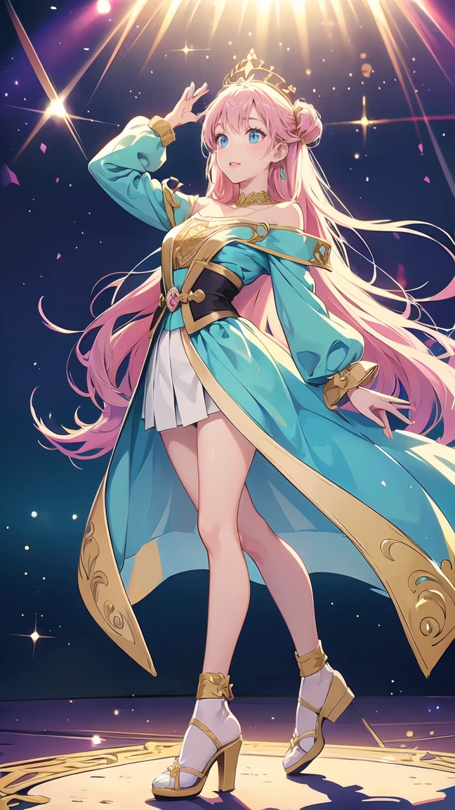 "Digital fanart of a cute anime-style idol, drawn in a fantasy RPG setting, featuring a young female bard character. The girl stands in a full-body, front-facing pose, exuding a charming and elegant aura typical of kawaii idol culture. She is dressed in a vibrant, flowing costume, adorned with intricate musical and magical symbols that glow faintly, highlighting her connection to both music and magic. Her long, flowing hair is styled beautifully, with soft pastel colors that reflect her cheerful personality. The centerpiece of her outfit is her footwear: delicate, sparkling crystal slippers with slight heels, giving her an ethereal, fairytale-like appearance. The shoes gleam like glass, adding to the magical atmosphere. She holds a lute slung across her shoulder, ready to perform or cast a spell. Her bright, expressive eyes radiate confidence, as if she's about to take the stage in a magical concert. The overall style blends kawaii elements with traditional anime fantasy."