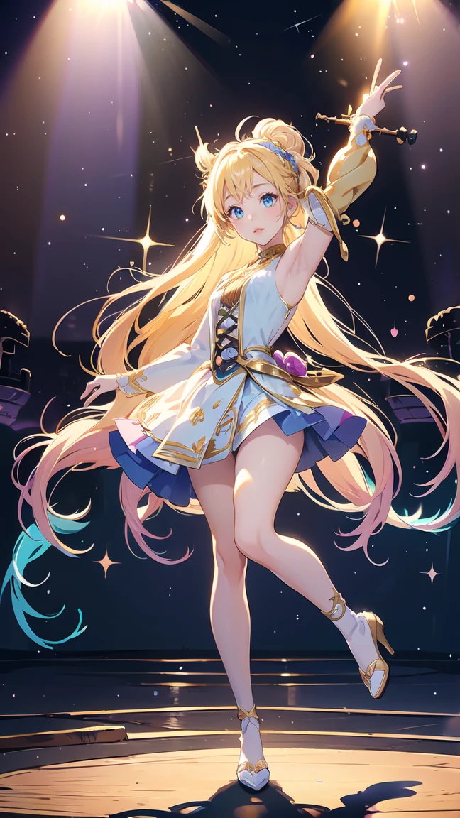 "Digital fanart of a cute anime-style idol, drawn in a fantasy RPG setting, featuring a young female bard character. The girl stands in a full-body, front-facing pose, exuding a charming and elegant aura typical of kawaii idol culture. She is dressed in a vibrant, flowing costume, adorned with intricate musical and magical symbols that glow faintly, highlighting her connection to both music and magic. Her long, flowing hair is styled beautifully, with soft pastel colors that reflect her cheerful personality. The centerpiece of her outfit is her footwear: delicate, sparkling ((crystal slippers)) with slight heels, giving her an ethereal, fairytale-like appearance. The shoes gleam like glass, adding to the magical atmosphere. She holds a lute slung across her shoulder, ready to perform or cast a spell. Her bright, expressive eyes radiate confidence, as if she's about to take the stage in a magical concert. The overall style blends kawaii elements with traditional anime fantasy."