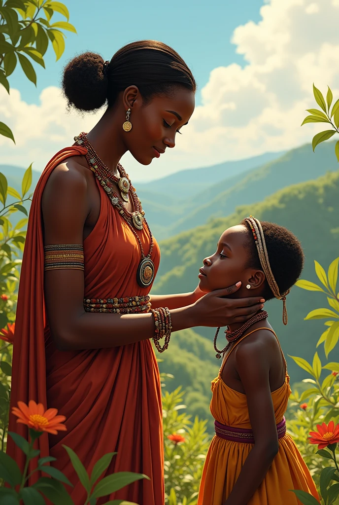 ((Highest quality)), ((masterpiece)), (detailed), （Perfect Face）、The woman has dark skin, is pregnant, and is holding a baby.、（Ghana braids with strong curly hair slicked back）、Black, dark skinned, African native tribal woman、The amount of hair is small、Black Hair、Very short curly hair、Ghana braid hair, finely and delicately braided into Ghana braids and slicked back、A black African woman with braided hair, low volume, tribal earrings and tribal accessories, beautifully dressed and wearing tribal makeup、A beautiful tribal woman with tattoos all over her body、Women in tribal village night rituals、The woman&#39;s hair is dyed black by the other women in the village and styled like an African woman&#39;s.