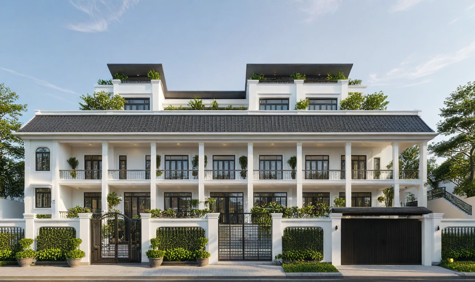  exterior of indochine villa, streetcapes, clear sky, few cloud, interior warm lighting, morning sunlight,minimalist landscaping, featuring lush greenery, textured walls, and natural materials. The villa is set under a blue sky with scattered clouds, casting soft shadows, photorealistic rendering with high realism, (RAW photo, masterpiece, best quality,ultra-detailed, extremely delicate and beautiful, highresolution, best shadow:1.1)