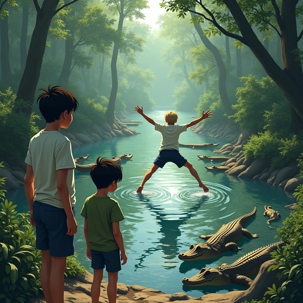 A cute little boy with dark hair and eyes and a blonde stood with a lion a wizard and a large ginger cat around a pond looking at the fish jumping out of the water. Pixar 3d style.
