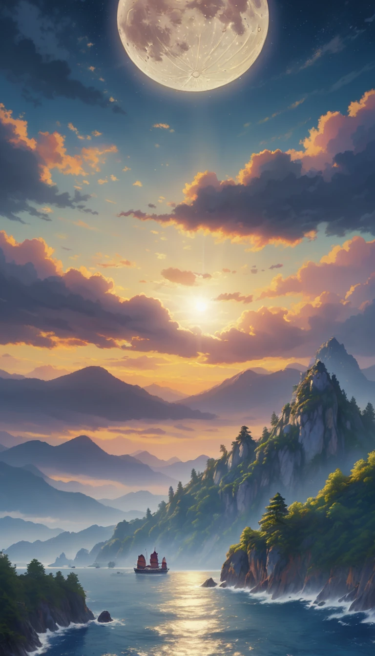The bright moonlight shines through the clouds, the bottom left part of the picture is an ancient Chinese architecture, below the moon is (sea, detailed sea ripples, night scene, light particle effect, excellent work, extremely elaborate picture description,8k wallpaper, ink painting style, obvious light and shadow effects, ray tracing, obvious layers, depth of field, best quality,