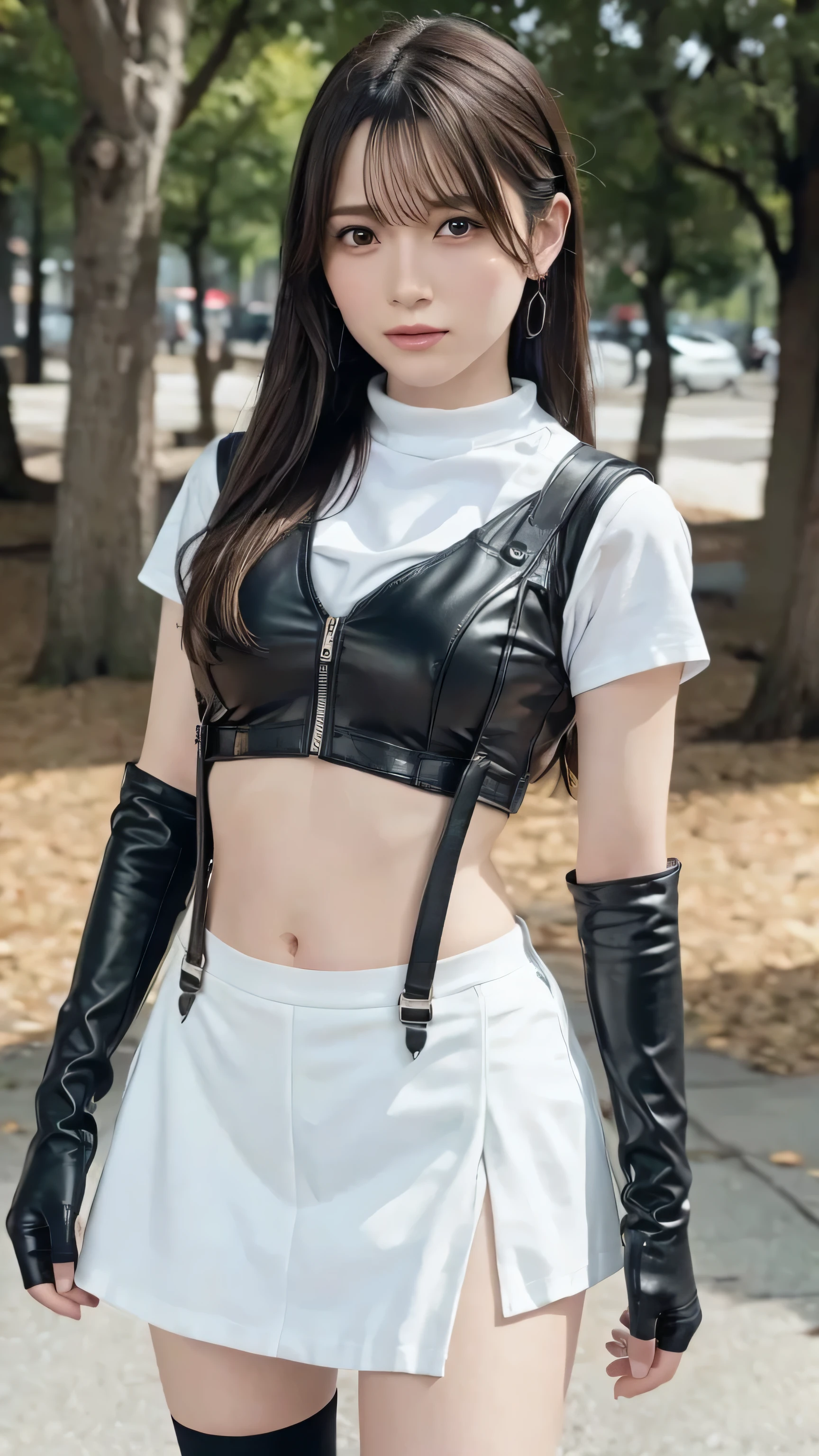 8k,masterpiece, Best Quality,big, (1 girl), Tifa Lockhart, red_eye, Black Hair, Long Hair, Shiny skin: 1.2, shiny big, ((Best Quality)), Sharp focus: 1.2, Highly detailed face and skin texture, detailed eye, Perfect Face, Perfect body, Blur the background, big with presence, 20 years old, A mature, cool and beautiful face, wear (Black Skirt, Black suspenders, Black elbow gloves,White Taut Shirt,Crop top,),Final Fantasy Tifa style:1.0