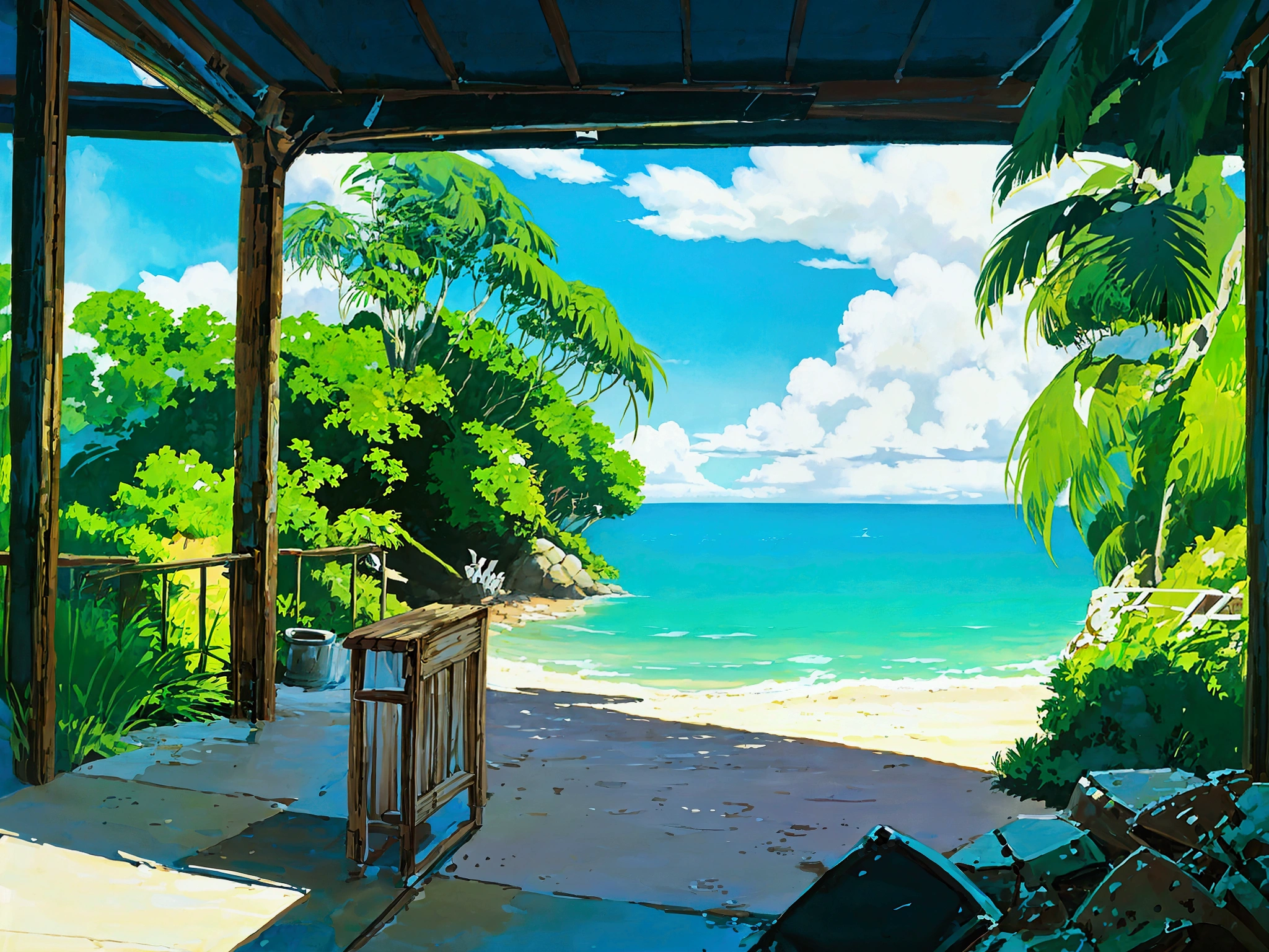 Create a serene and calming scene of  a grand piano on a beach. The piano is positioned on the sandy shore, with the gentle waves of the ocean in the background. Nearby, there is a cozy beach house with large windows and a welcoming porch, nestled among palm trees. The girl, dressed in a flowing, light-colored dress, is deeply immersed in her music, her hair softly tousled by the sea breeze. The overall atmosphere is tranquil and relaxed, evoking a sense of peace and harmony between music, nature, and home. Reface the girl, make her more pretty, 