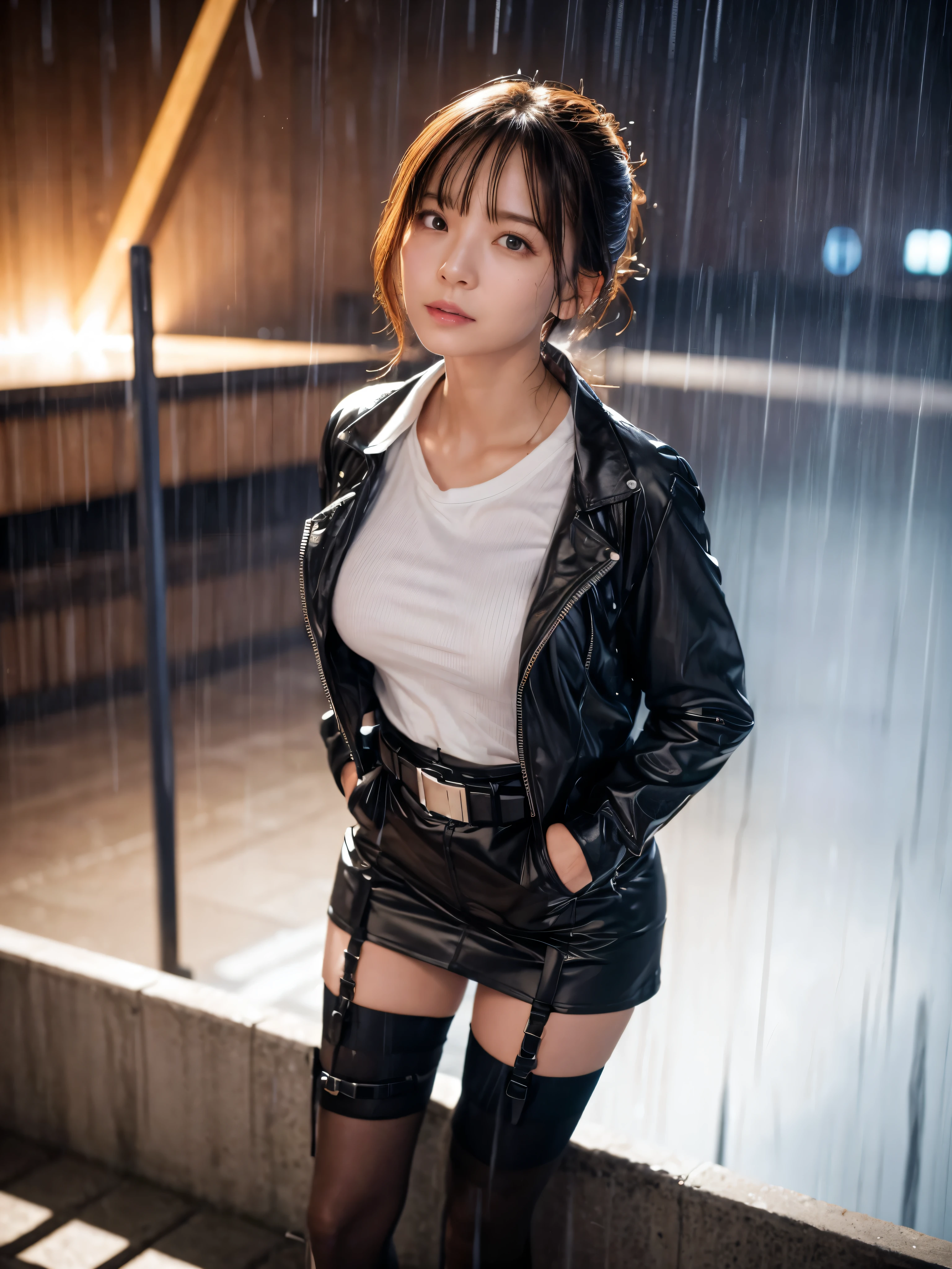 (best quality,8k,high-res,masterpiece:1.2), ultra-detailed, (realistic, photo-realistic:1.37), tabletop, extremely detailed, photorealistic rendering, girl and full body seen, black leather miniskirt, slightly averted eyes, profile, incredibly beautiful, cute, 8K wallpaper, intricate details, highly detailed 8K wallpaper, gravure, model, foot fetish, legs, leg fetish, visible down to the feet, vibrant lighting, soft shadows
